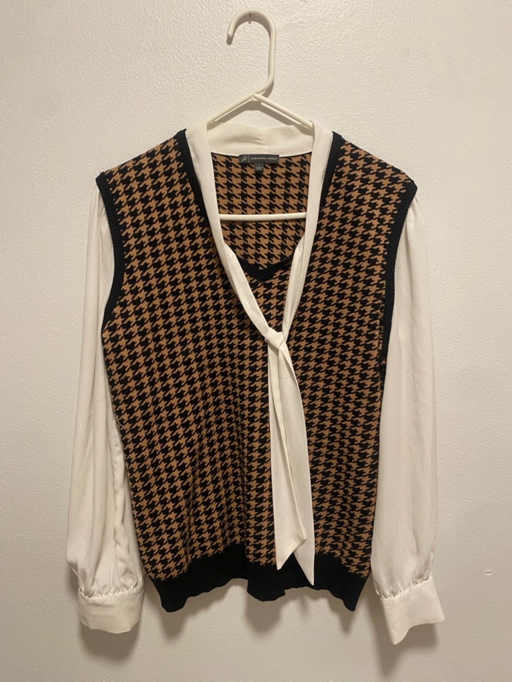 Adrianna Papell Black & Tan Houndstooth Sweater Vest with Blouse Detail